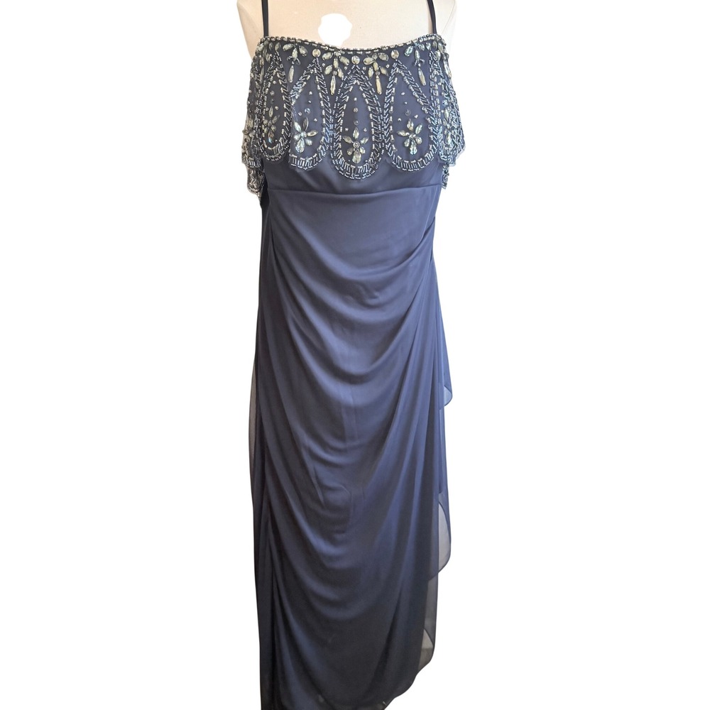 XSCAPE Womens Navy Blue Beaded Popover Draped Evening Gown Dress 16W